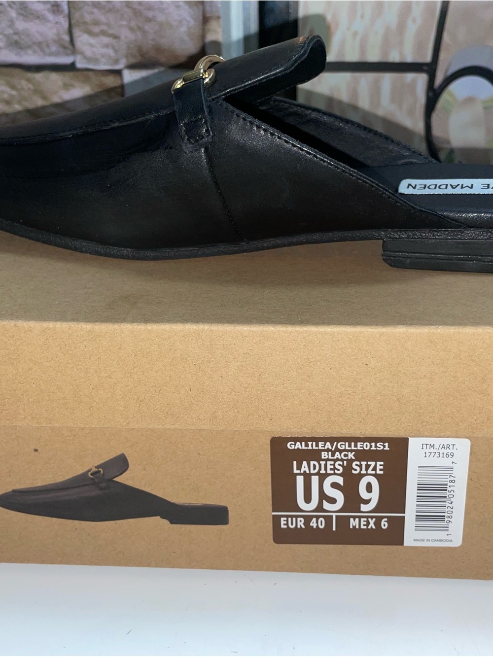 Steve Madden Black Leather Slip-On Loafer with Gold Buckle